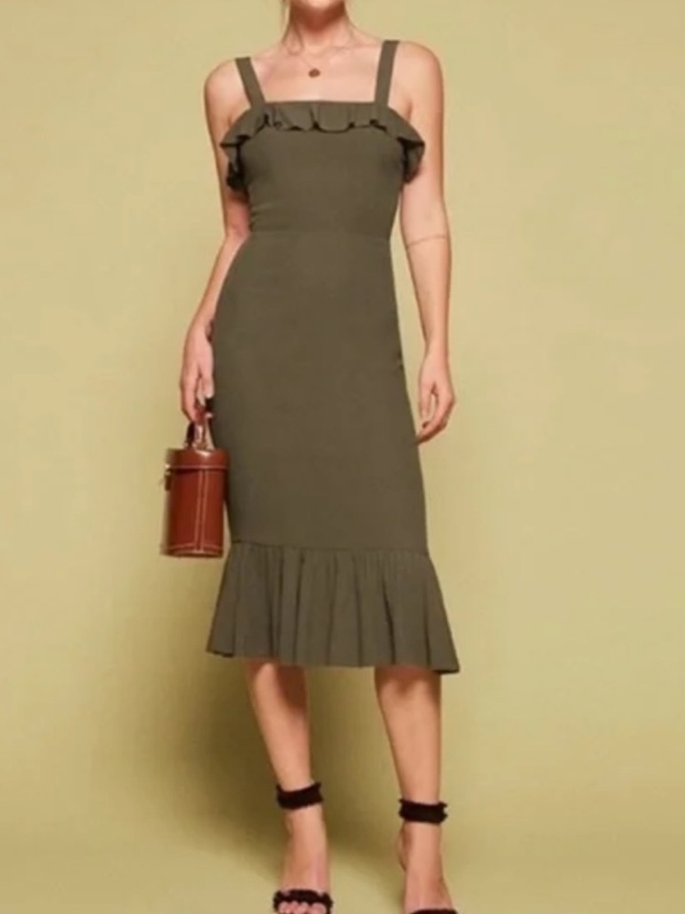 REFORMATION Frida Army Green Square Neck Ruffle Dress Spaghetti Straps